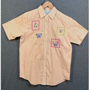 The Quacker Factory Orange Stripe Butterfly Button Up Shirt Women's Small
